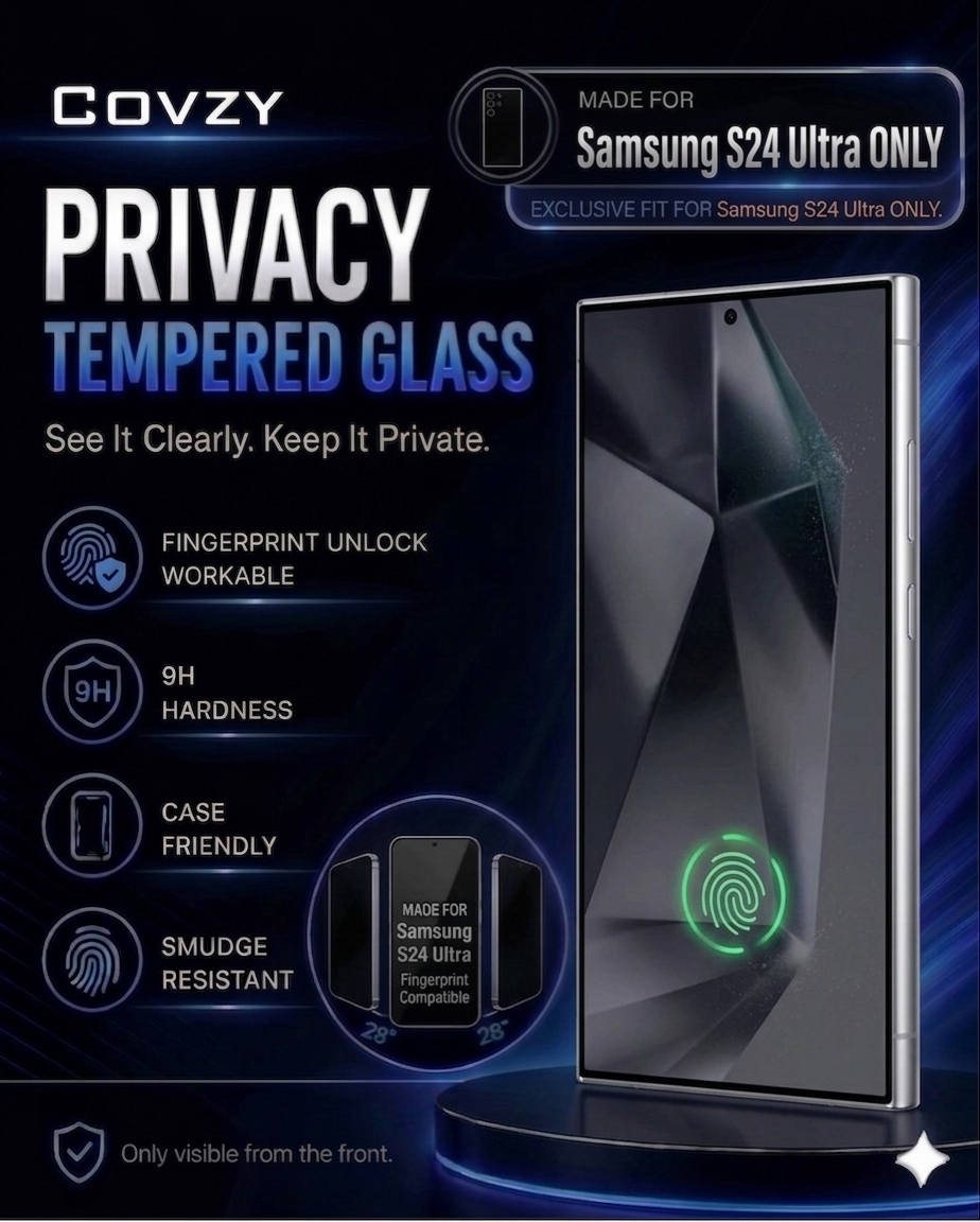 SAMSUNG S24ULTRA COVZY PREMIUM PRIVACY WITH FINGERPRINT WORKING TEMPERDGLASS FULL PROTECTION