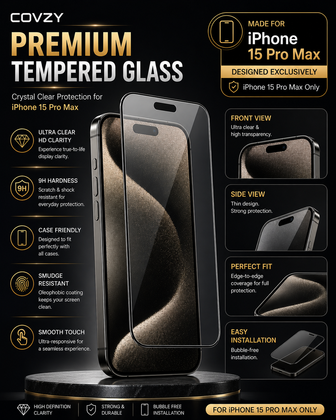 IPHONE 15 PRO MAX COVZY  PREMIUM HD CLEAR TEMPERDGLASS FULL PROTECTION