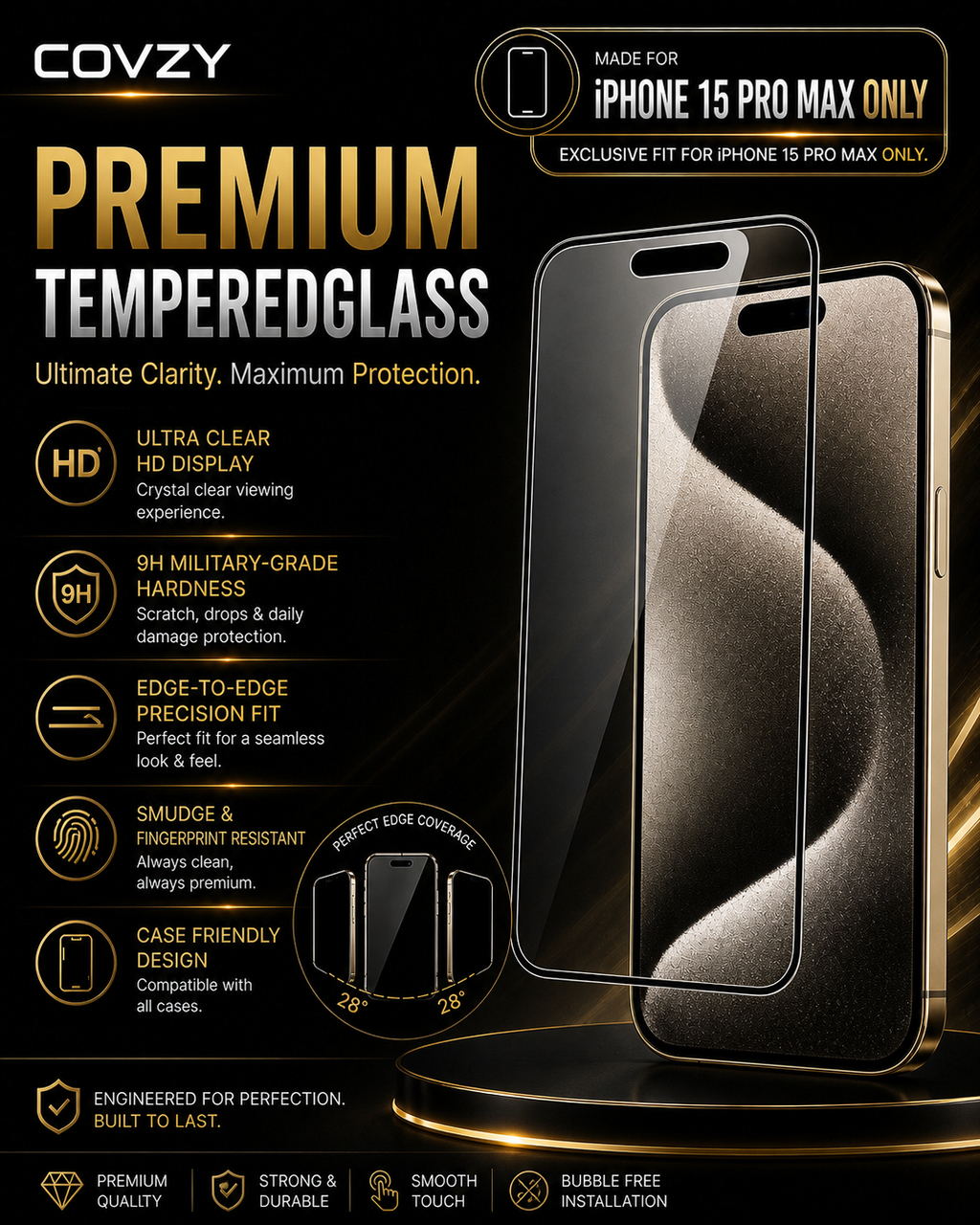 IPHONE 15 PRO MAX COVZY  PREMIUM HD CLEAR TEMPERDGLASS FULL PROTECTION