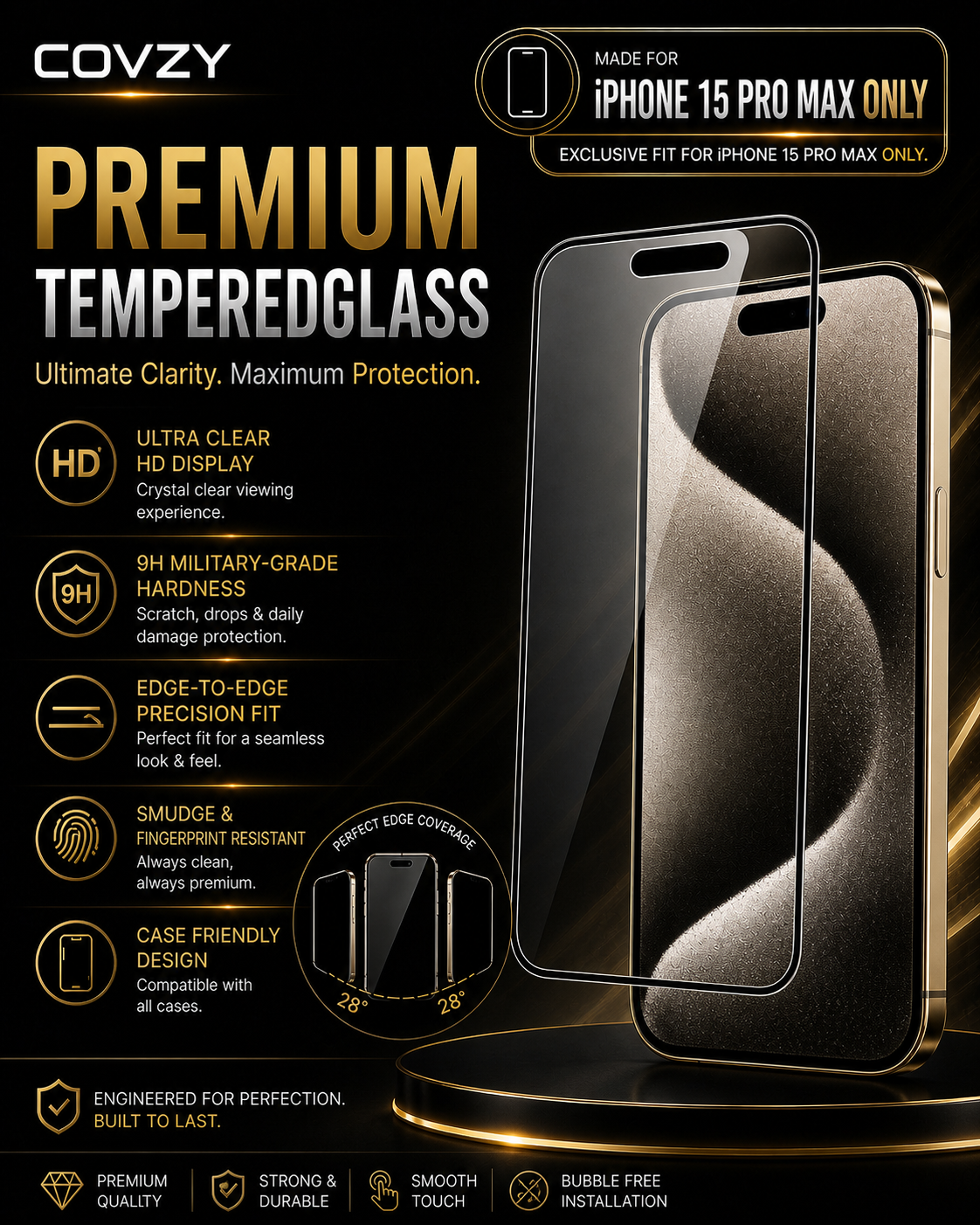 IPHONE 15 PRO MAX COVZY  PREMIUM HD CLEAR TEMPERDGLASS FULL PROTECTION