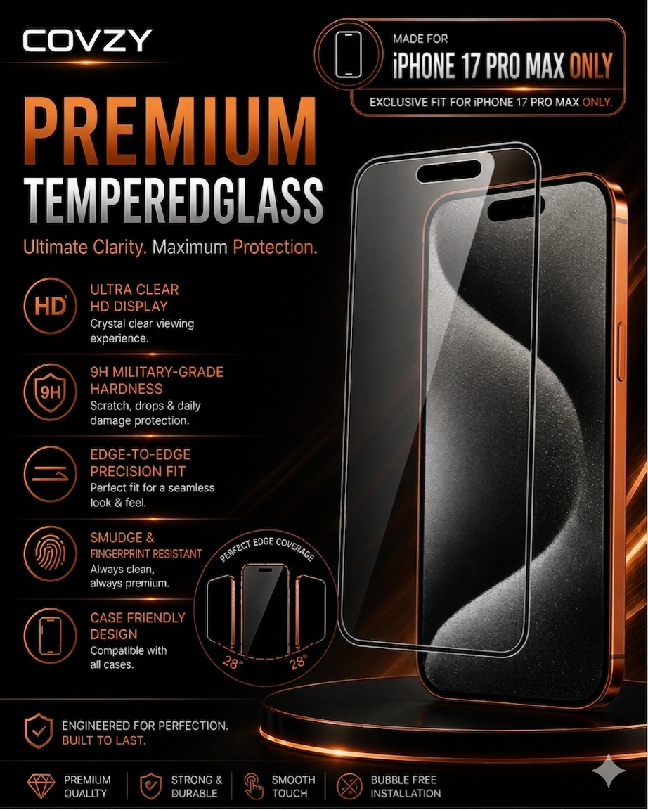 IPHONE 17 PRO MAX COVZY PREMIUM HD CLEAR  TEMPERDGLASS  FULL PROTECTION