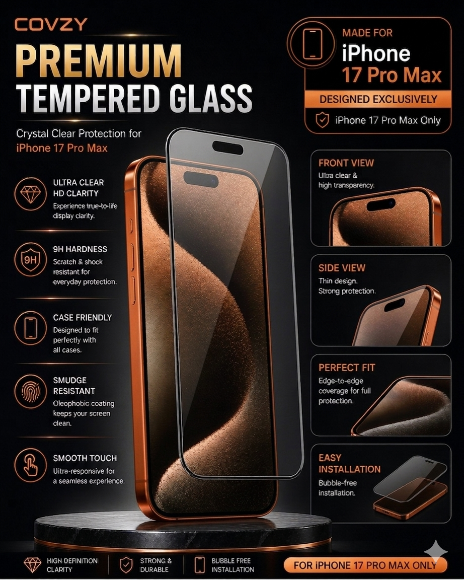IPHONE 17 PRO COVZY PREMIUM HD CLEAR TEMPERDGLASS FULL PROTECTION