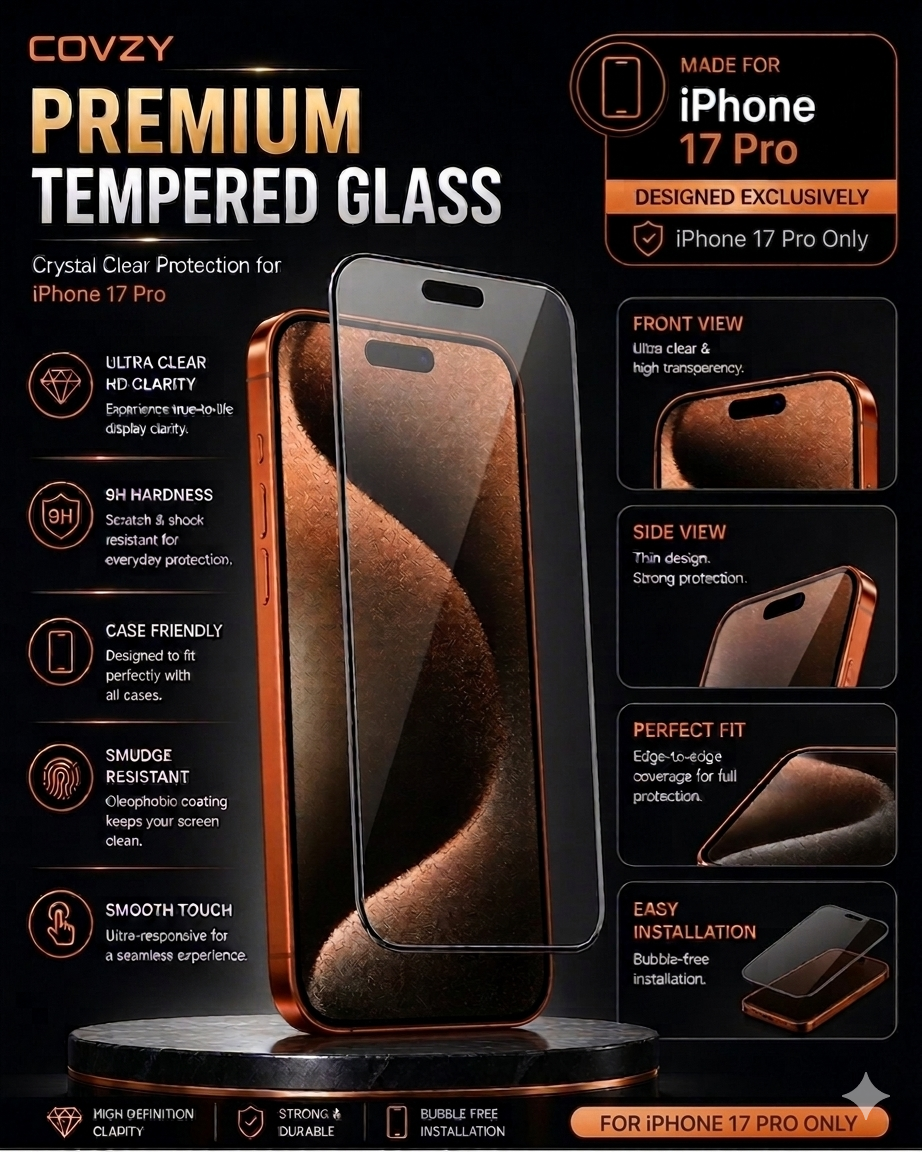 IPHONE 17 PRO COVZY PREMIUM HD CLEAR TEMPERDGLASS FULL PROTECTION