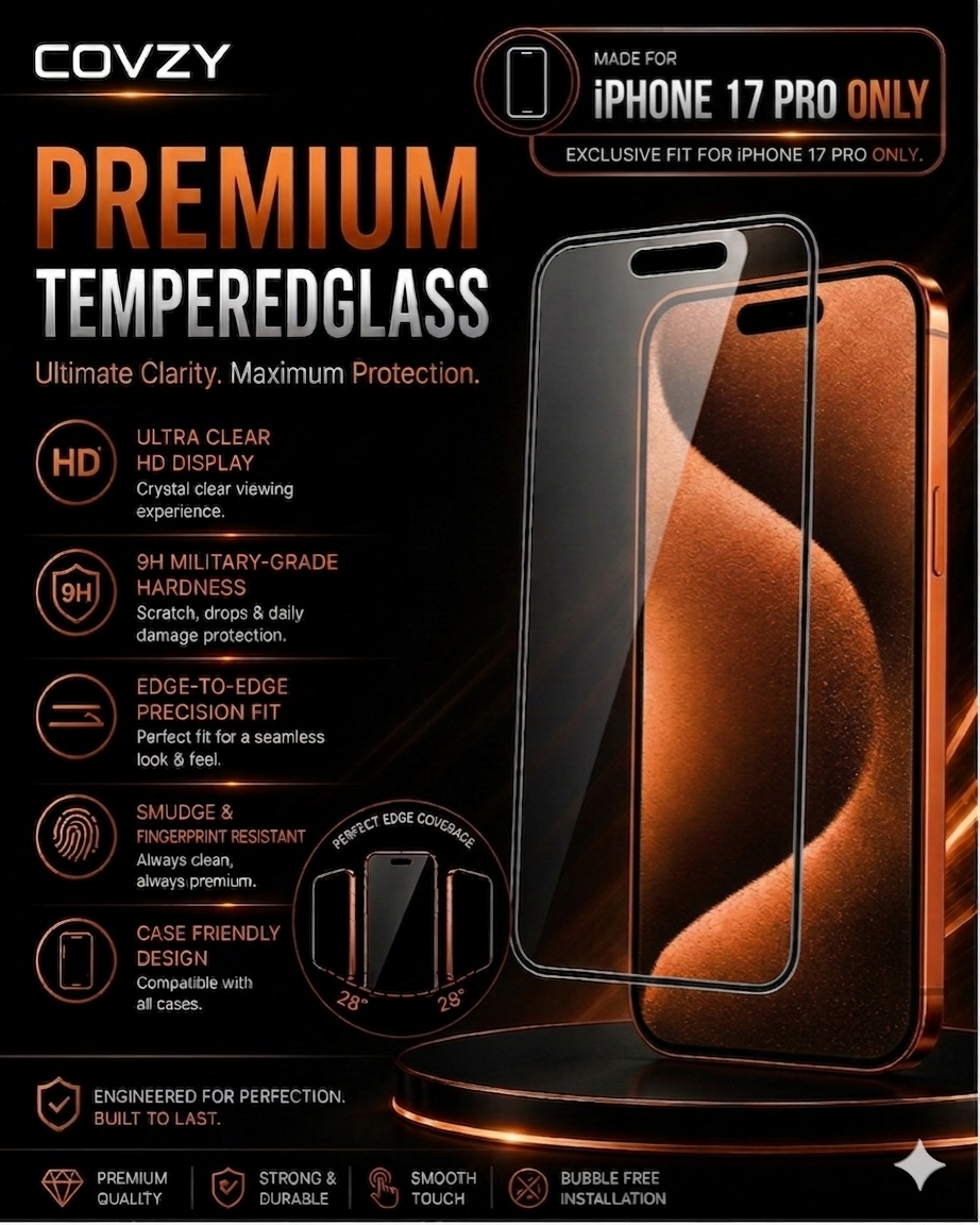 IPHONE 17 PRO COVZY PREMIUM HD CLEAR TEMPERDGLASS FULL PROTECTION