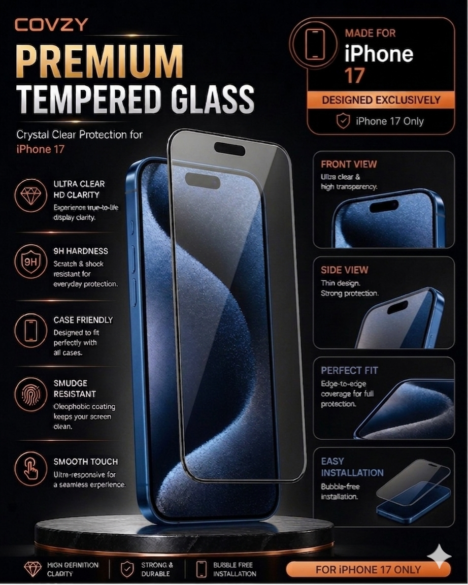 IPHONE 17 COVZY PREMIUM HD CLEAR TEMPERDGLASS FULL PROTECTION