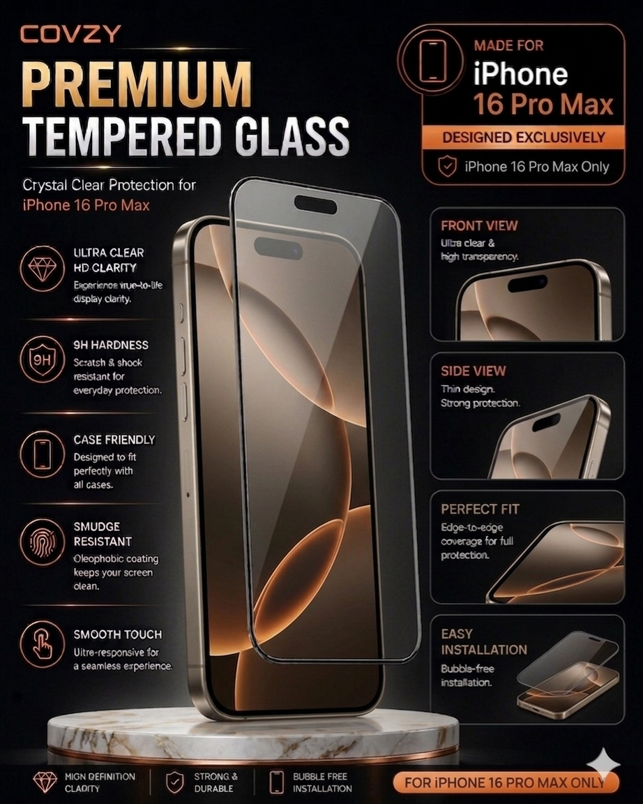 IPHONE 16 PRO MAX COVZY PREMIUM HD CLEAR TEMPERDGLASS FULL PROTECTION