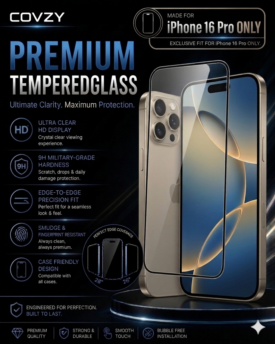 IPHONE 16 PRO COVZY PREMIUM HD CLEAR TEMPERDGLASS FULL PROTECTION