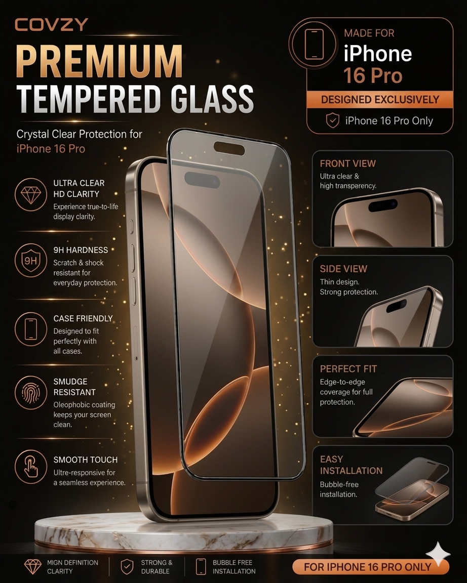 IPHONE 16 PRO COVZY PREMIUM HD CLEAR TEMPERDGLASS FULL PROTECTION