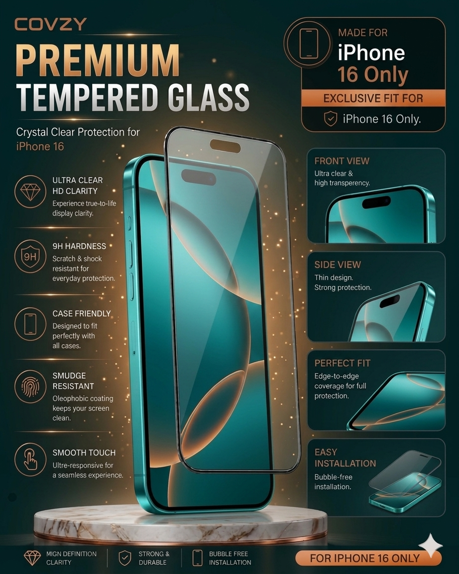 IPHONE 16 COVZY PREMIUM HD CLEAR TEMPERDGLASS FULL PROTECTION