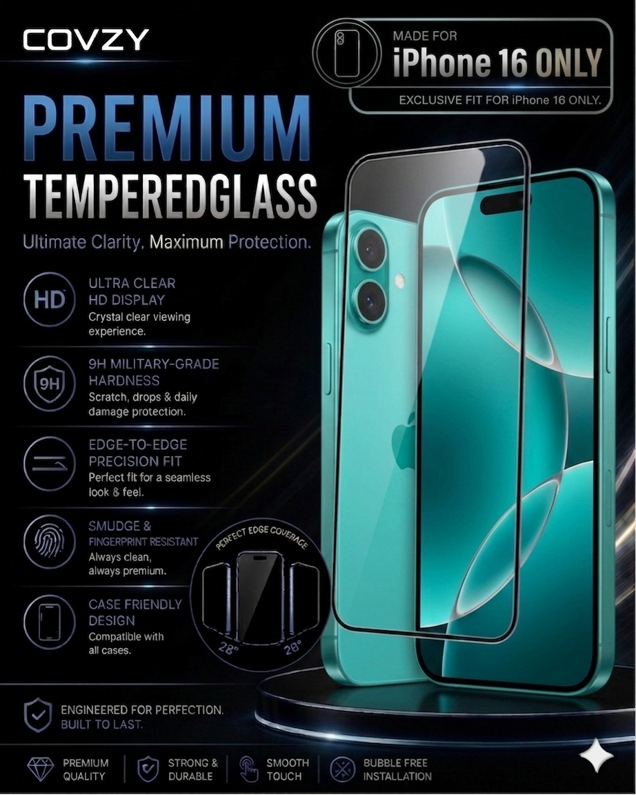 IPHONE 16 COVZY PREMIUM HD CLEAR TEMPERDGLASS FULL PROTECTION