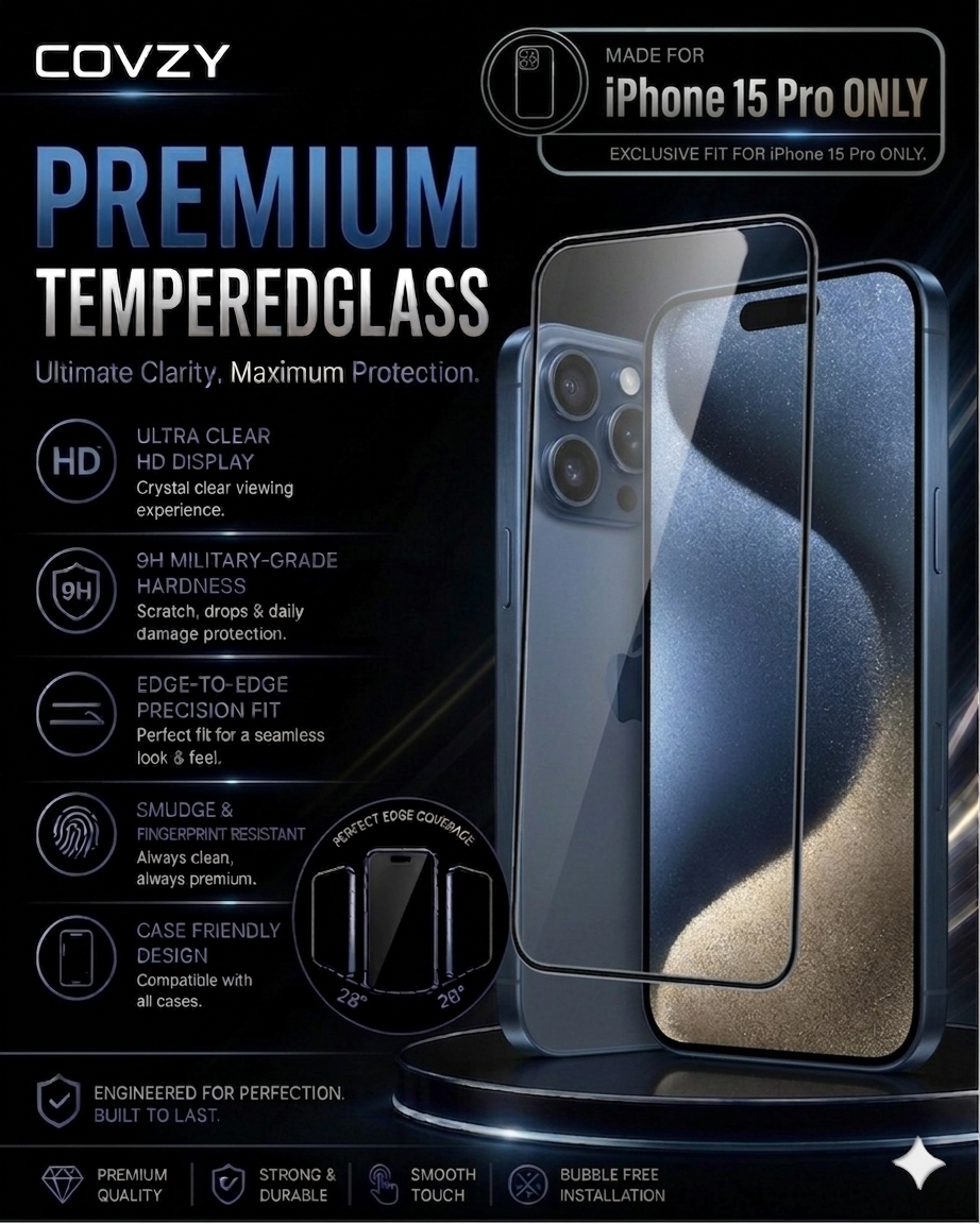 IPHONE 15 PRO COVZY PREMIUM HD CLEAR TEMPERDGLASS FULL PROTECTION