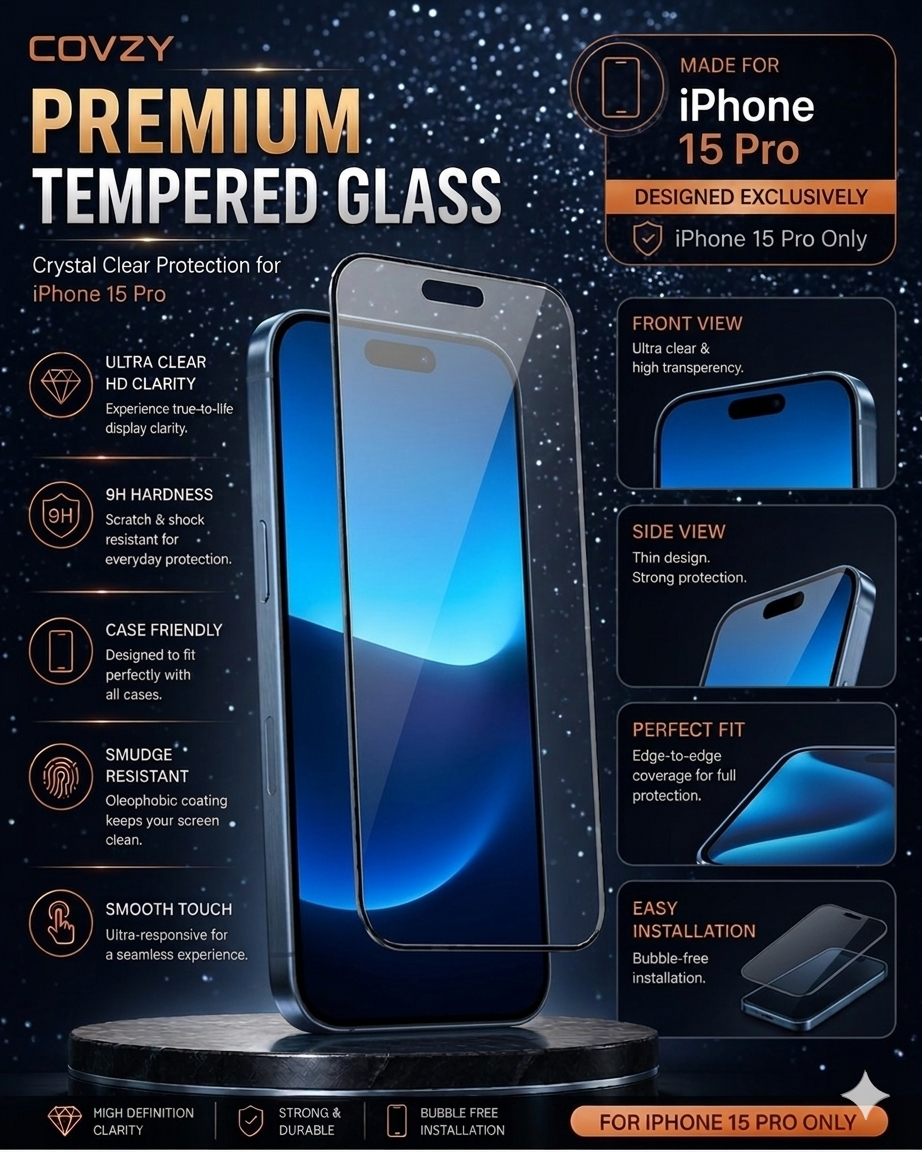 IPHONE 15 PRO COVZY PREMIUM HD CLEAR TEMPERDGLASS FULL PROTECTION