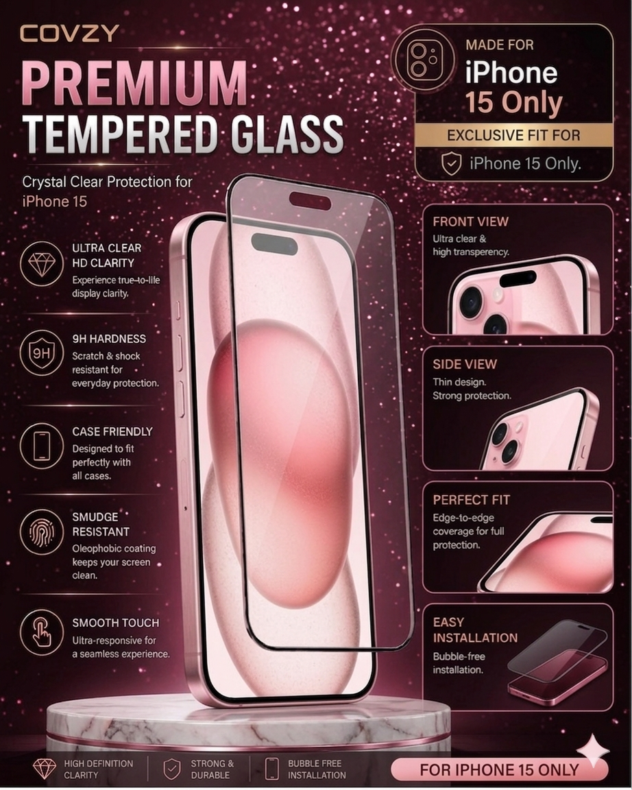 IPHONE 15 COVZY PREMIUM HD CLEAR TEMPERDGLASS FULL PROTECTION