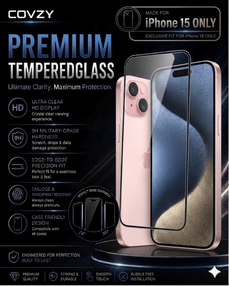 IPHONE 15 COVZY PREMIUM HD CLEAR TEMPERDGLASS FULL PROTECTION