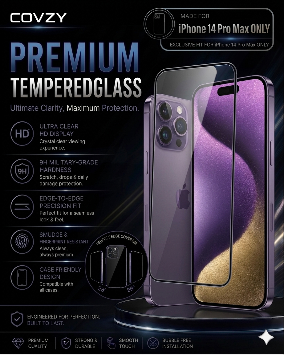 IPHONE 14 PRO MAX COVZY PREMIUM HD CLEAR TEMPERDGLASS FULL PROTECTION