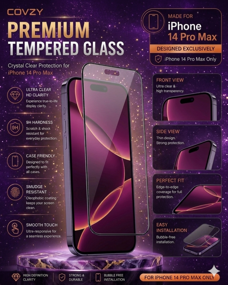IPHONE 14 PRO MAX COVZY PREMIUM HD CLEAR TEMPERDGLASS FULL PROTECTION