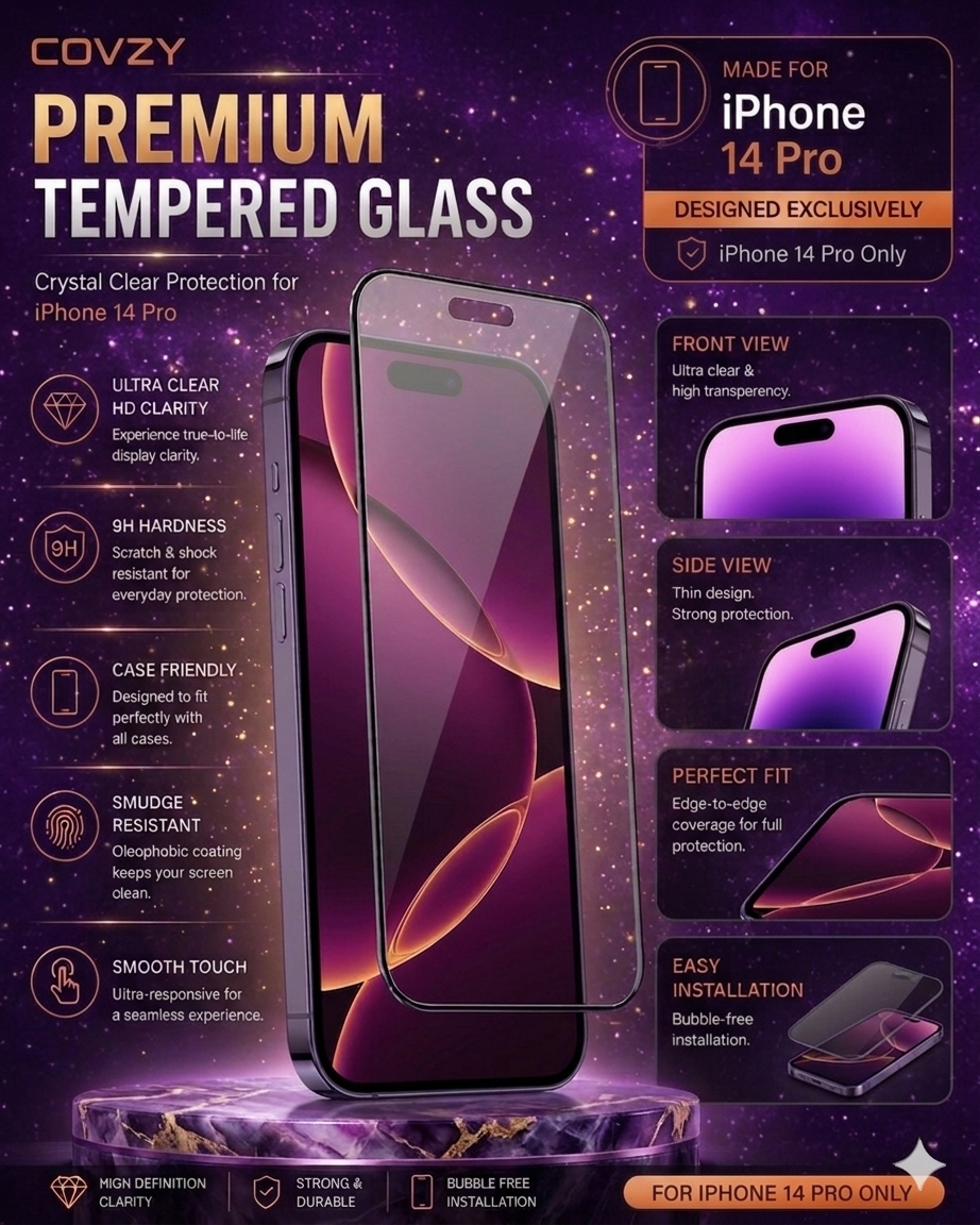 IPHONE 14 PRO COVZY PREMIUM HD CLEAR TEMPERDGLASS FULL PROTECTION