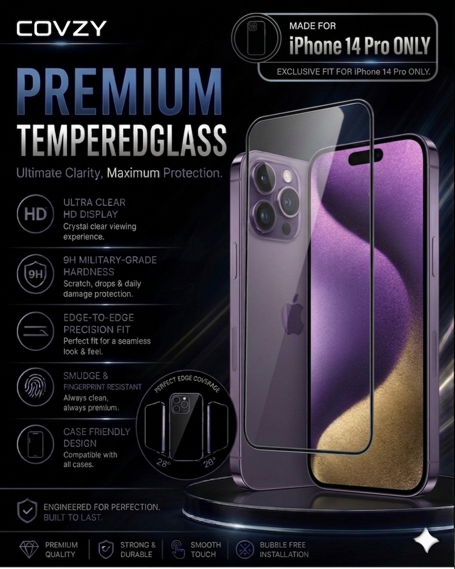 IPHONE 14 PRO COVZY PREMIUM HD CLEAR TEMPERDGLASS FULL PROTECTION