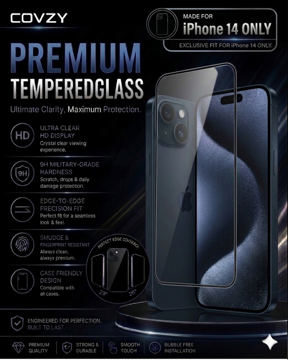 IPHONE 14  COVZY PREMIUM HD CLEAR TEMPERDGLASS FULL PROTECTION