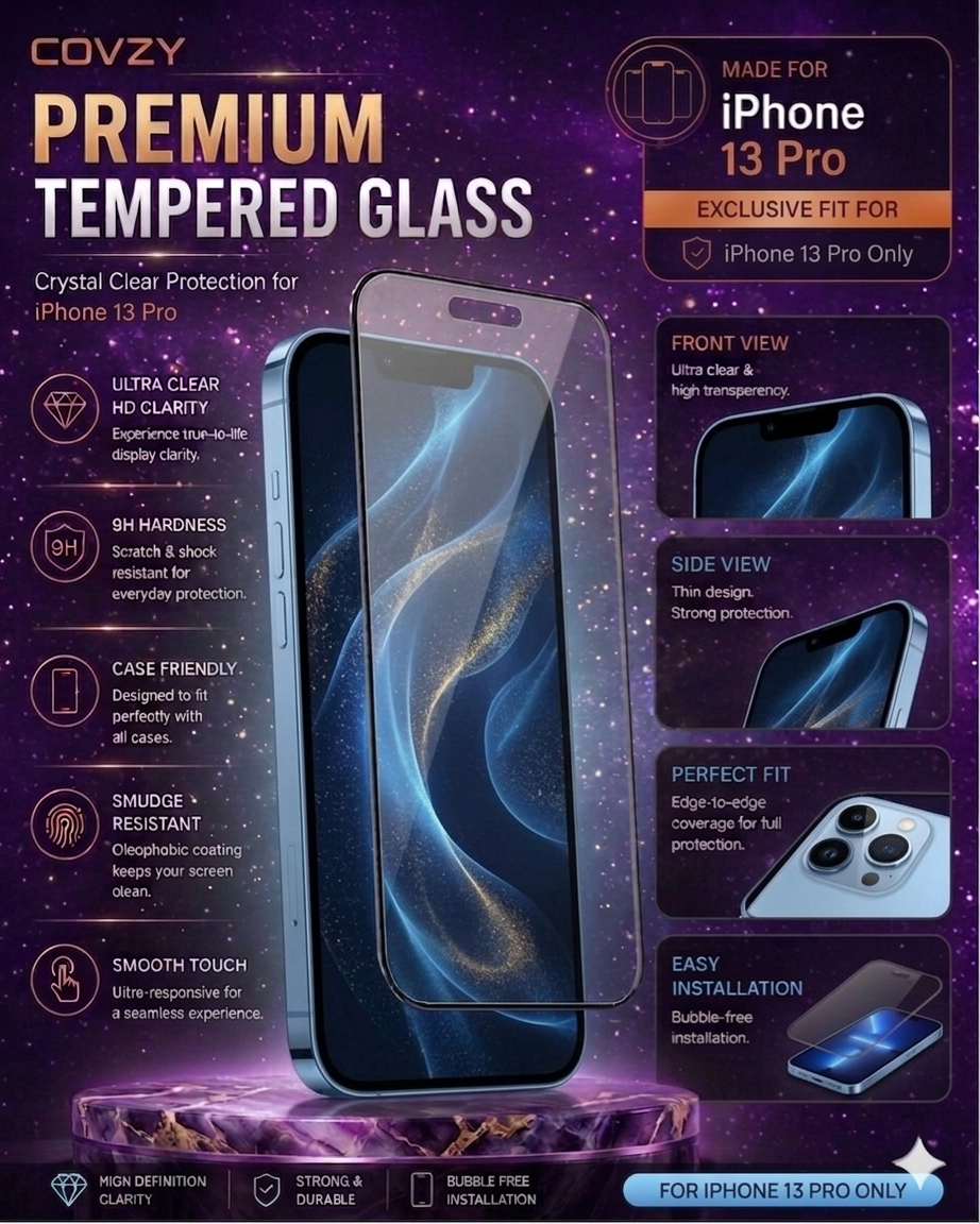 IPHONE 13 PRO COVZY PREMIUM HD CLEAR TEMPERDGLASS FULL PROTECTION