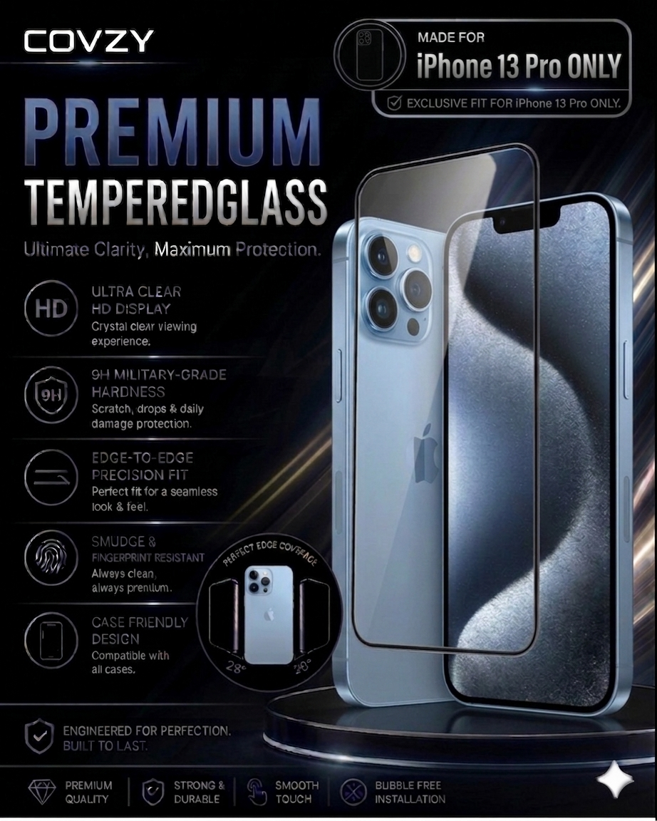IPHONE 13 PRO COVZY PREMIUM HD CLEAR TEMPERDGLASS FULL PROTECTION