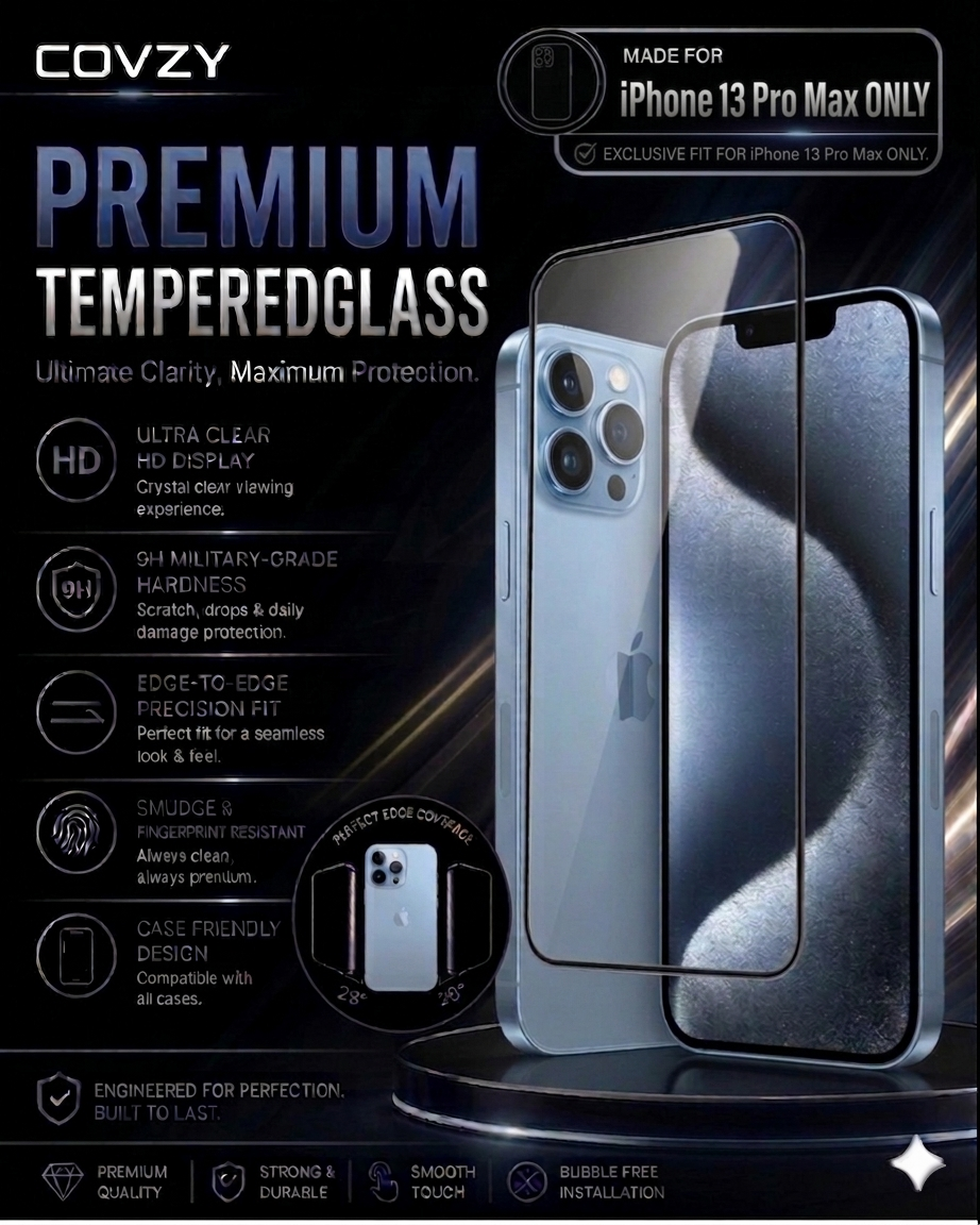 IPHONE 13 PRO MAX COVZY PREMIUM HD CLEAR TEMPERDGLASS FULL PROTECTION