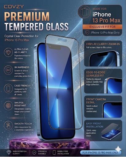 IPHONE 13 PRO MAX COVZY PREMIUM HD CLEAR TEMPERDGLASS FULL PROTECTION