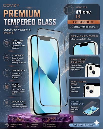 IPHONE 13 COVZY PREMIUM HD CLEAR TEMPERDGLASS FULL PROTECTION