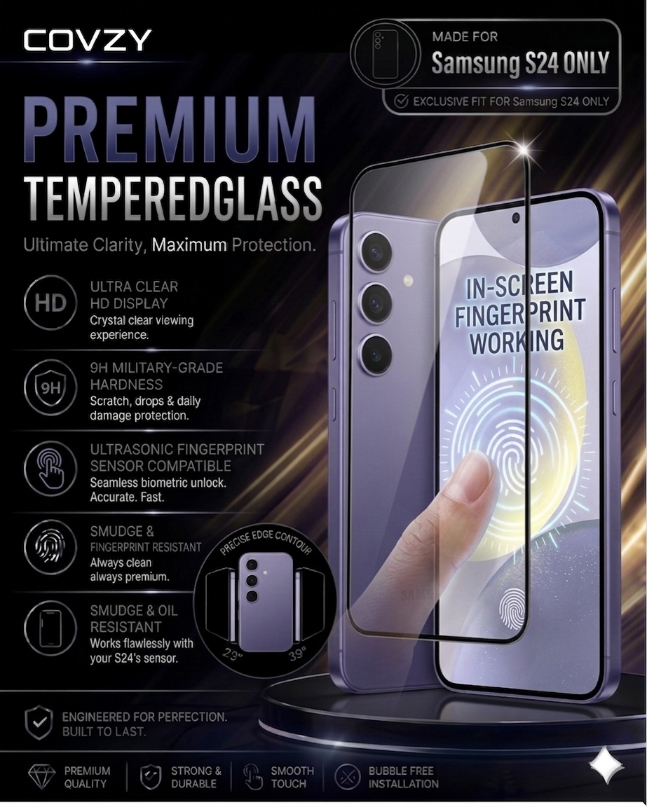 SAMSUNG S24 COVZY PREMIUM AND FINGERPRINT WORKING HD CLEAR TEMPERDGLASS FULL PROTECTION