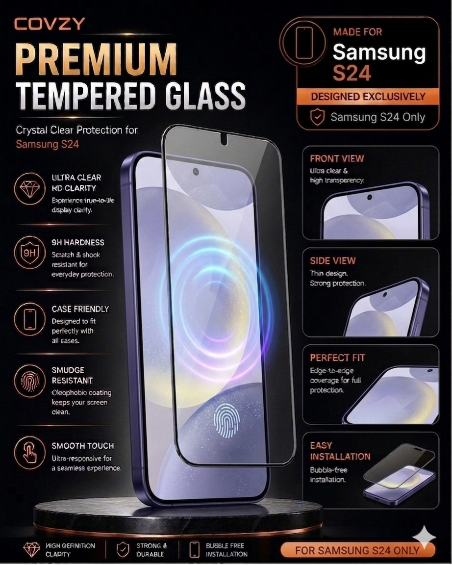 SAMSUNG S24 COVZY PREMIUM AND FINGERPRINT WORKING HD CLEAR TEMPERDGLASS FULL PROTECTION