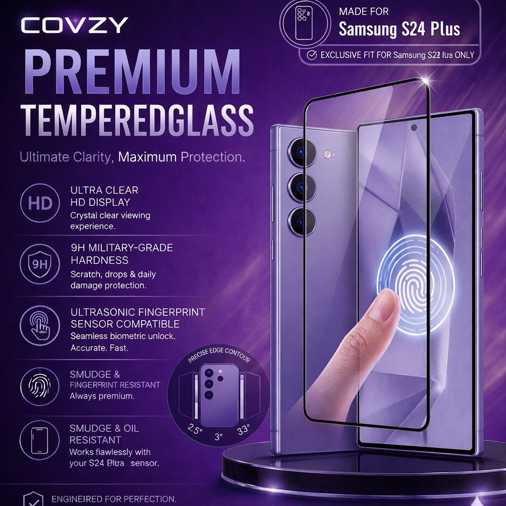 SAMSUNG S24PLUS COVZY PREMIUM AND FINGERPRINT WORKING TEMPERDGLASS  FULL PROTECTION