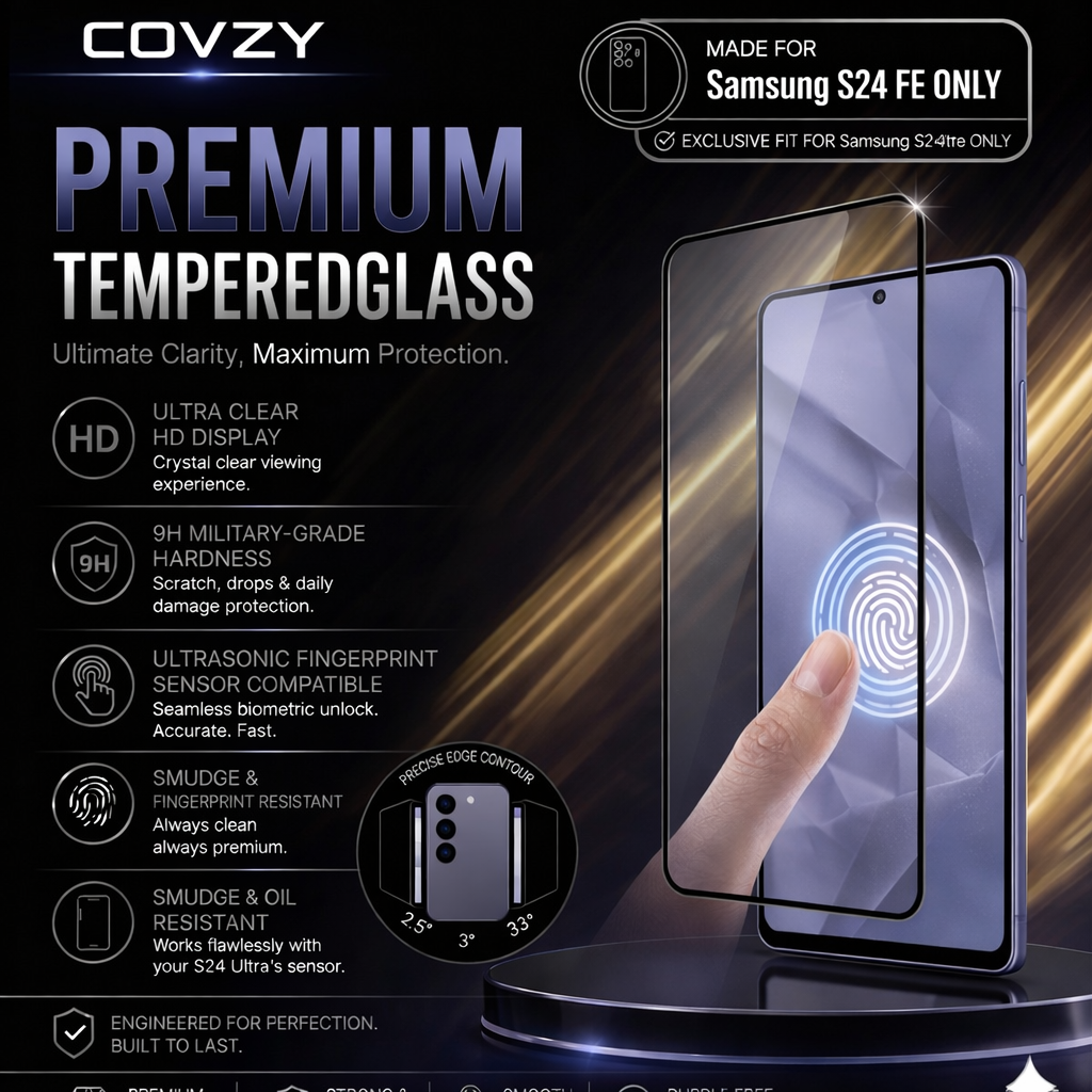 SAMSUNG S24FE COVZY PREMIUM AND FINGERPRINT WORKING TEMPERDGLASS FULL PROTECTION