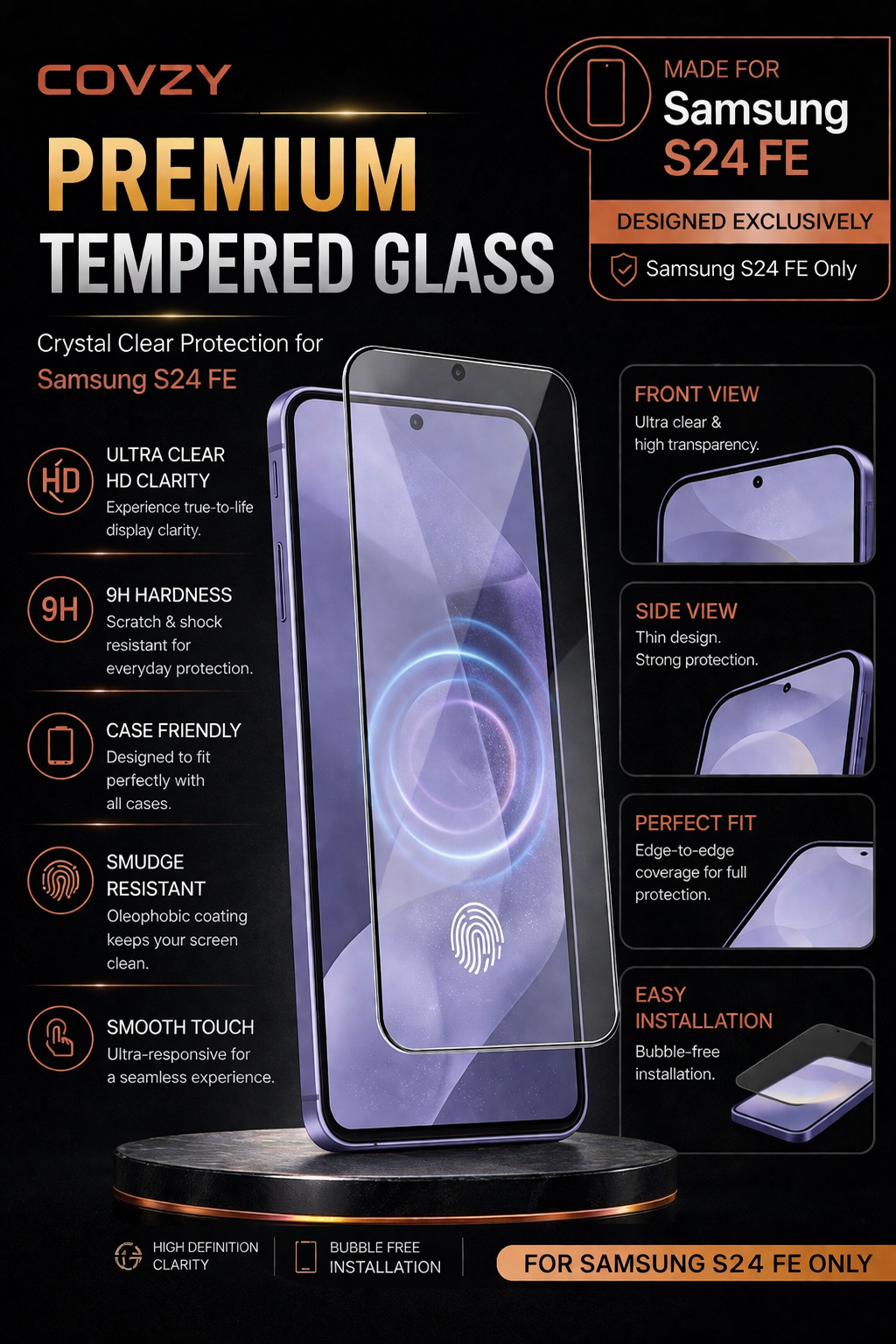 SAMSUNG S24FE COVZY PREMIUM AND FINGERPRINT WORKING TEMPERDGLASS FULL PROTECTION