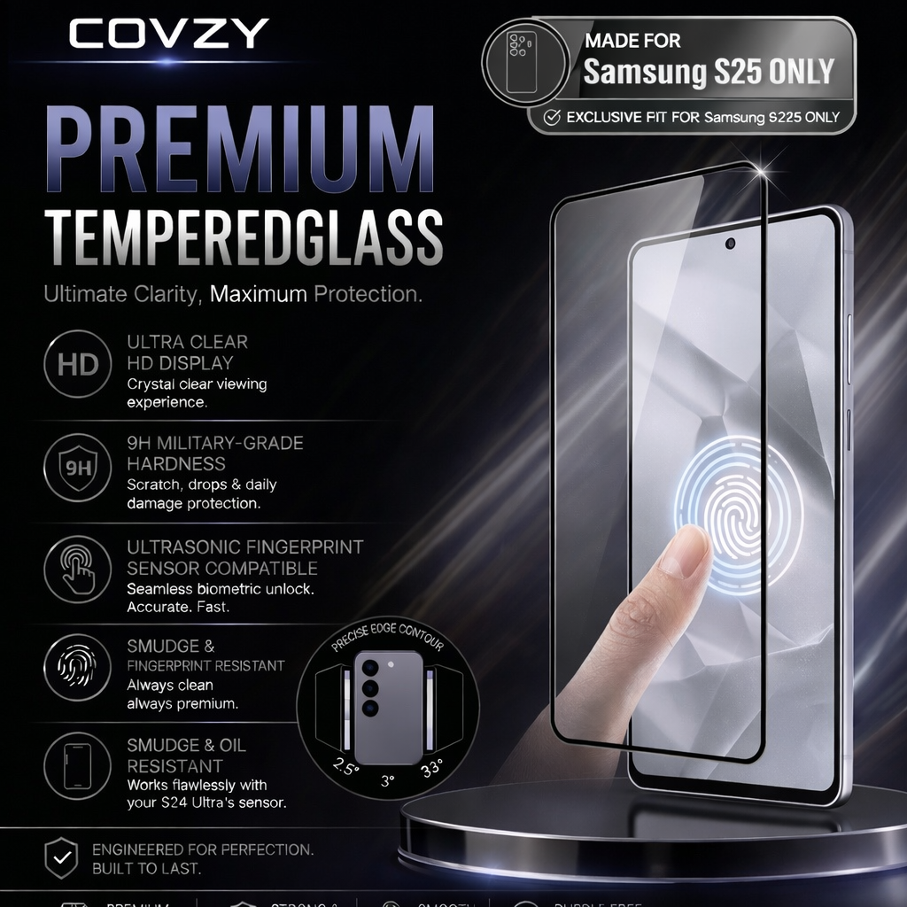 SAMSUNG S25 COVZY PREMIUM AND FINGERPRINT WORKING TEMPERDGLASS FULL PROTECTION