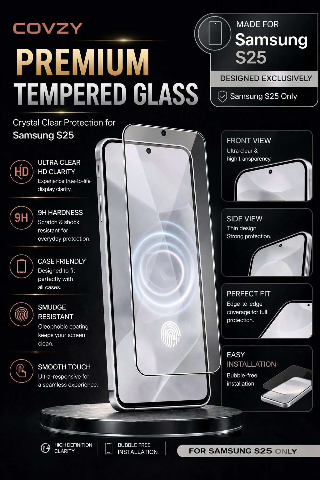 SAMSUNG S25 COVZY PREMIUM AND FINGERPRINT WORKING TEMPERDGLASS FULL PROTECTION