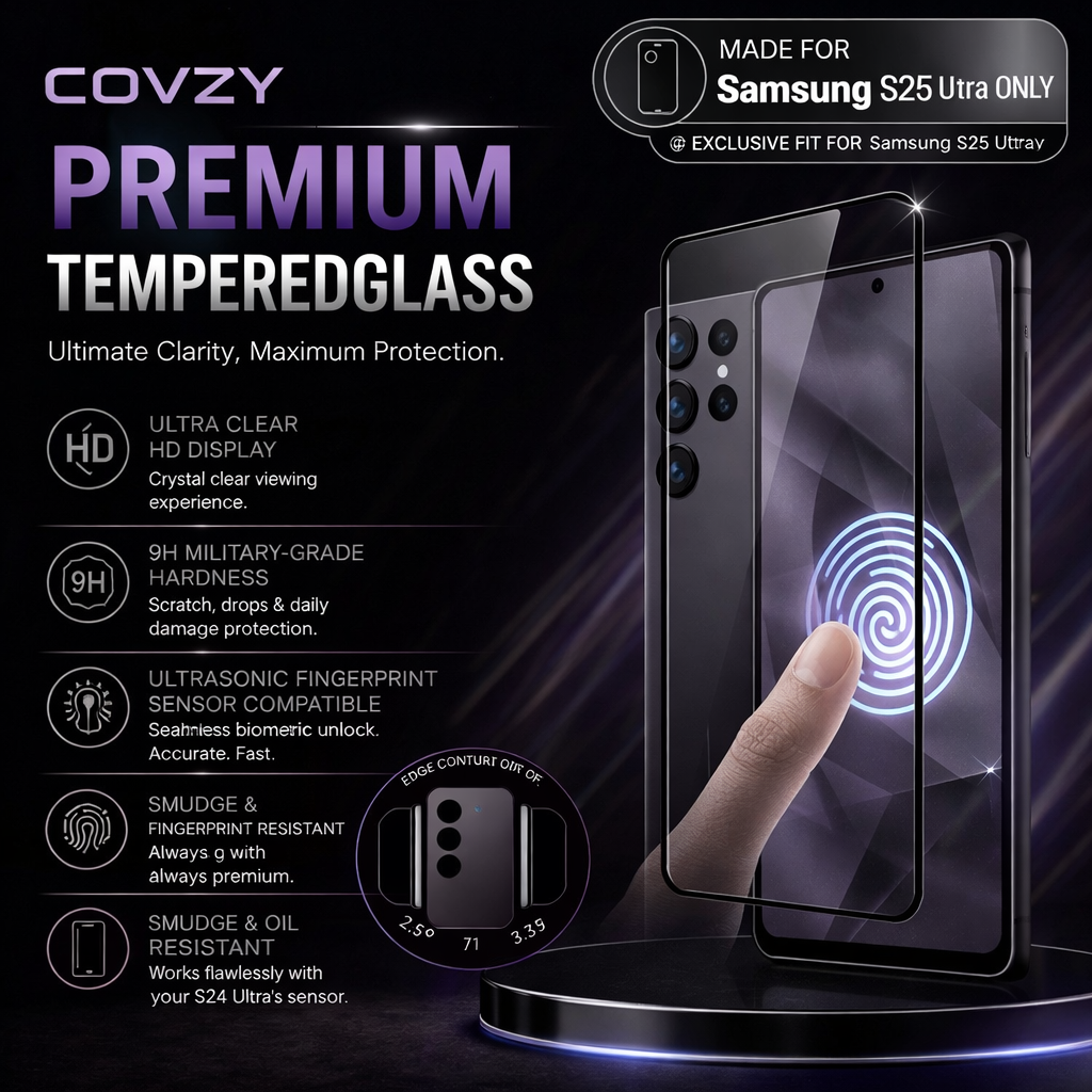 SAMSUNG S25 ULTRA COVZY PREMIUM AND FINGERPRINT WORKING TEMPERDGLASS FULL PROTECTION