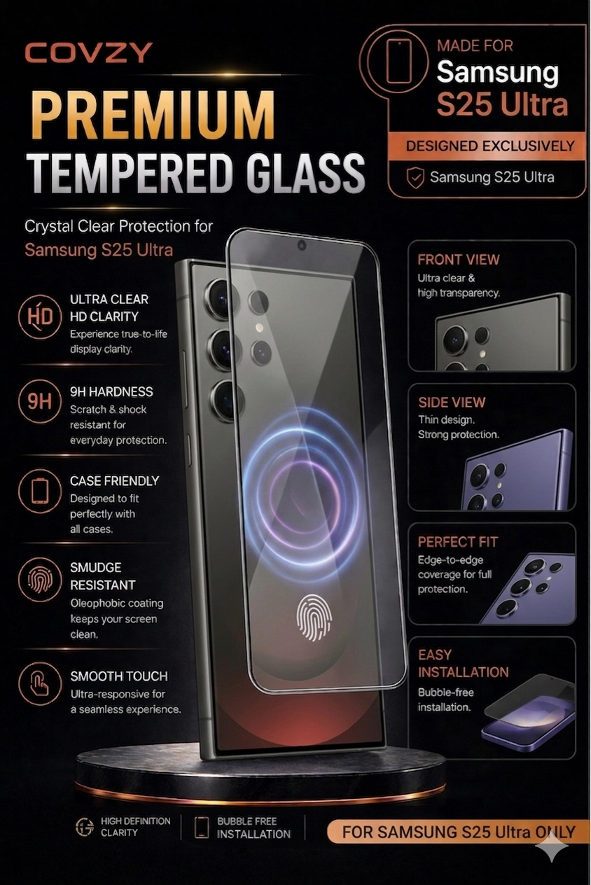 SAMSUNG S25 ULTRA COVZY PREMIUM AND FINGERPRINT WORKING TEMPERDGLASS FULL PROTECTION
