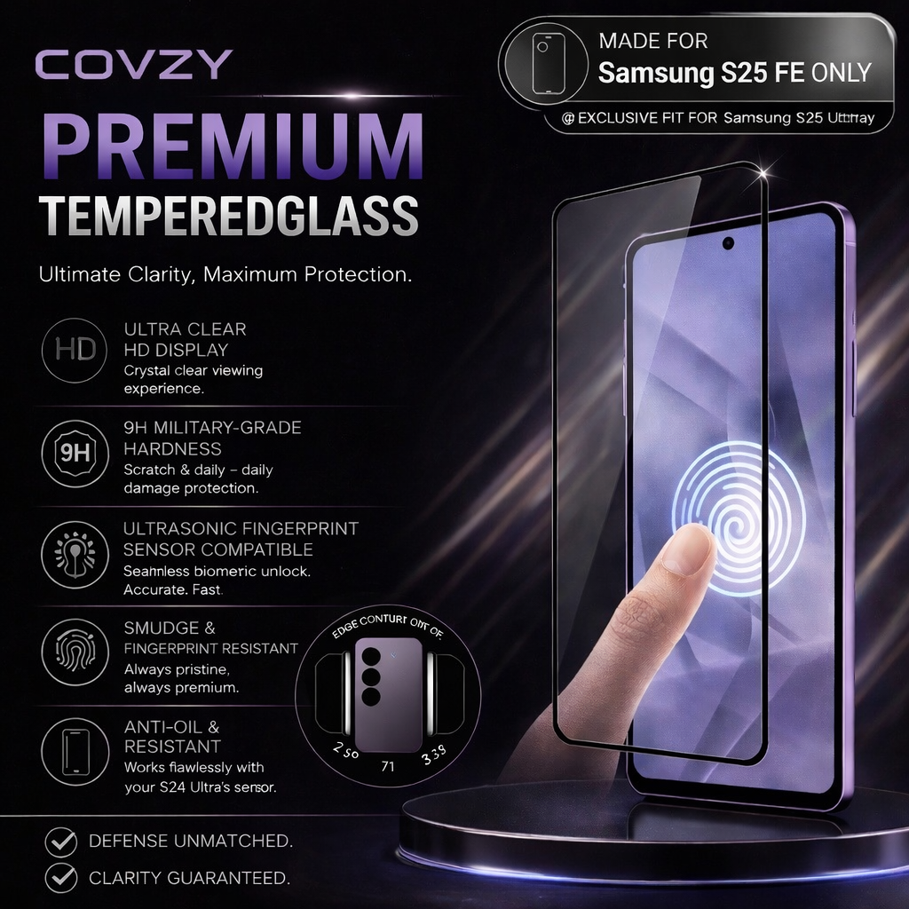 SAMSUNG S25FE COVZY PREMIUM AND FINGERPRINT WOREKING TEMPERDGLASS FULL PROTECTION